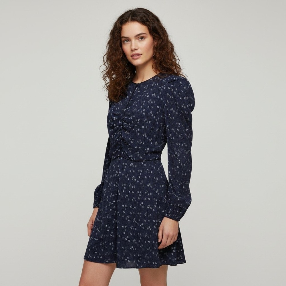 Veronica Beard Navy Blue Floral Ruched Puff Sleeve Mini Dress Size 2